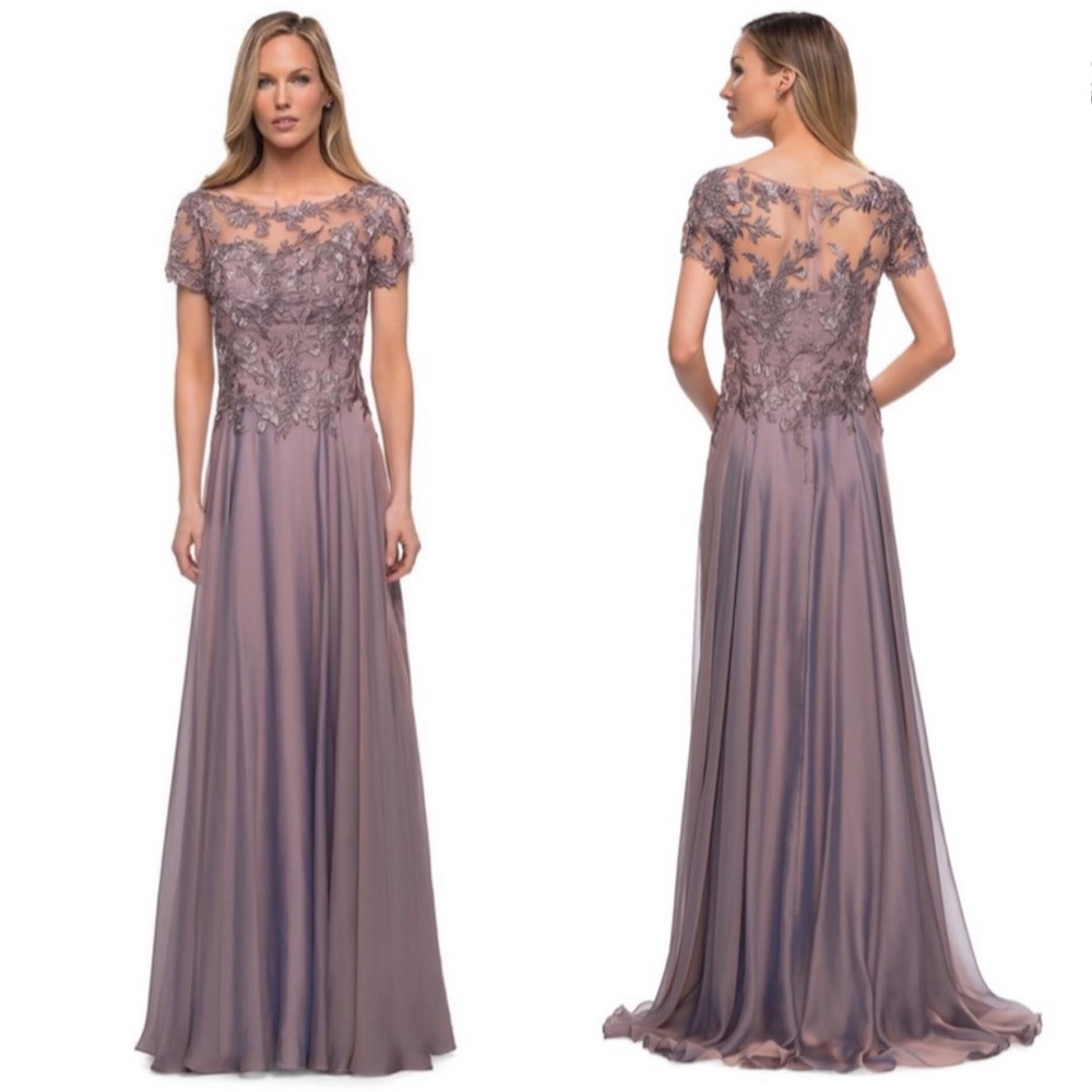 La Femme Floral Embroidery Chiffon Column Gown Dress 29235 Dark Mauve in 6 NWOT - Picture 2 of 7